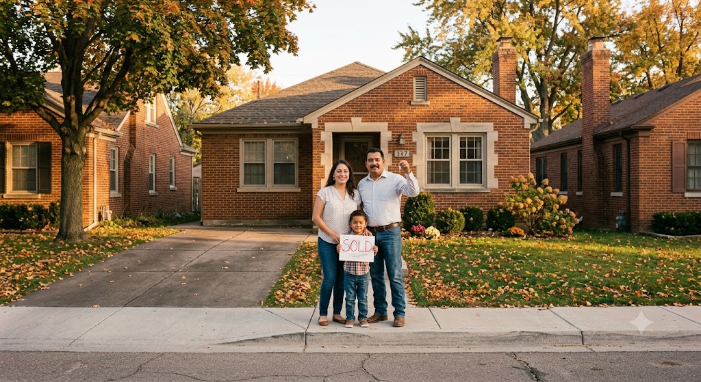 A couple and their son holding a SOLD sign in front of their new home