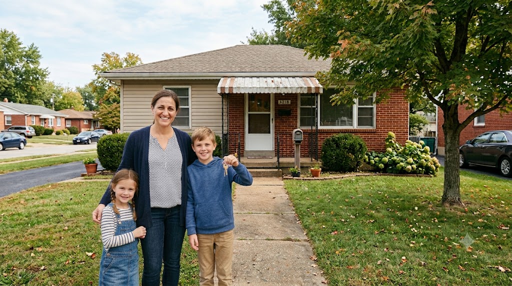 A mother and her two children holding keys to their new home